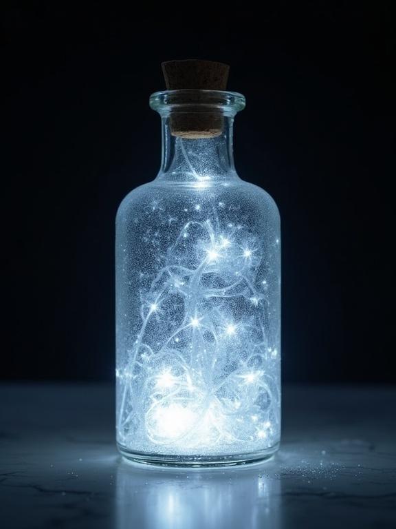 A crystal small cylindrical bottle filled with white light. The image captures the essence of woodcut and astral styles with glowing elements.