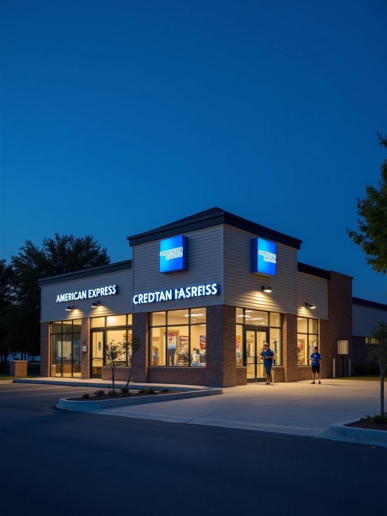 American Express credit union building with drive-thru. Clear blue sky visible in the background. Customers are present outside. Night view shows bright lighting illuminating the building.