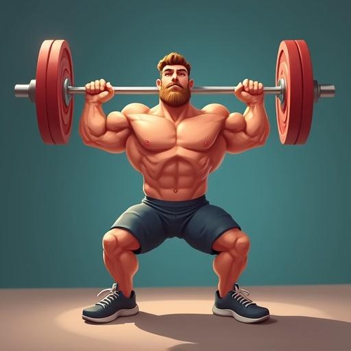 3D cartoon depicting muscular man performing barbell squats with barbell on back