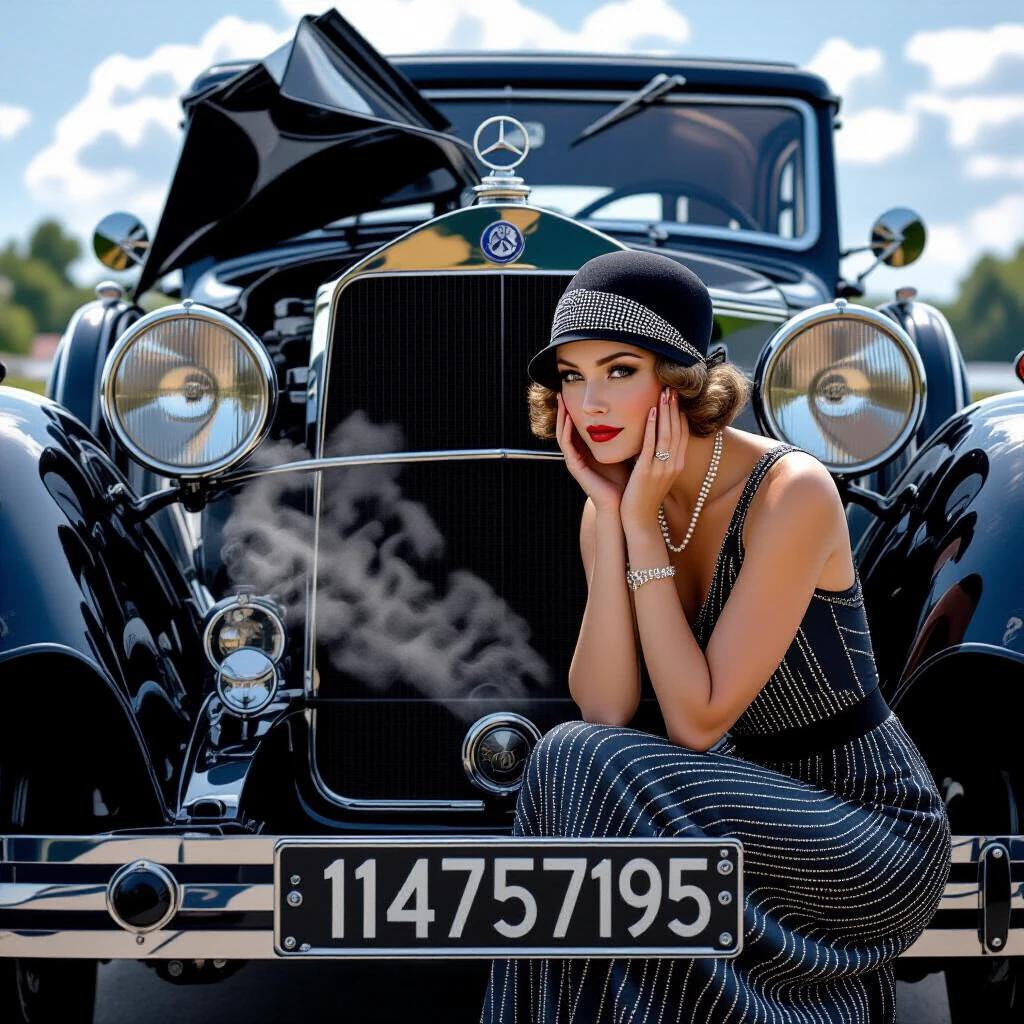 Photorealistic image featuring vintage 1928 Mercedes-Benz Sportwagen with a woman dressed in Art Deco style kneeling beside it. Woman has a cloche hat and a beaded dress. She is leaning over the engine bay with palms on her cheeks. There are clouds of steam coming from the radiator. The scene is captured in golden hour lighting with a mountain pass backdrop.