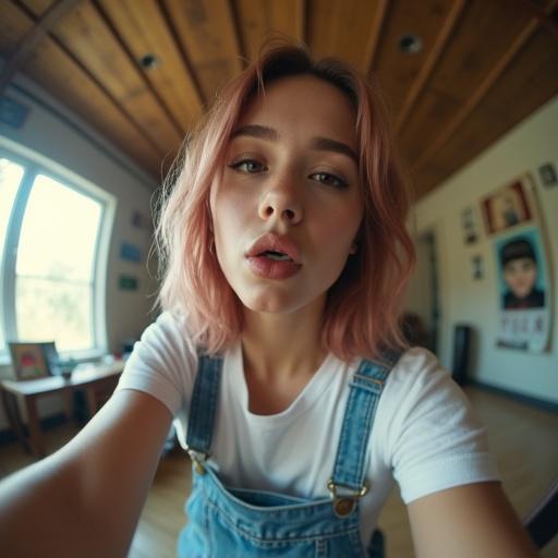 A close-up portrait of a playful female cosplay character in a room. Cosplay outfit includes denim overalls and a white t-shirt. The character is making silly facial expressions. The background features posters relevant to the fantasy character. A high angle view captures movement in a fisheye style.