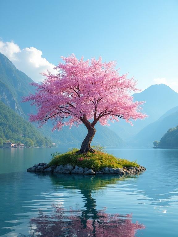 Breathtaking view of a blooming cherry blossom tree on a small island surrounded by a peaceful lake. Vibrant gardens, lush green mountains, and a clear blue sky complete the dreamy morning vibe. Reminder to start the day with positivity and peace.