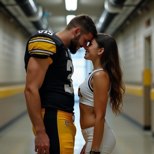 A romantic scene in a high school hallway between a tall football player in a black and yellow uniform and a petite cheerleader in a white cheer uniform. The football player leans his forehead against hers. Both have closed eyes and are smiling. The background has industrial pipes and concrete walls.