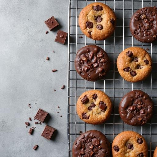 Cooling rack arranged with chocolate cookies. Gray textured background enhances the presentation. Space is available for adding text above or alongside the cookies.