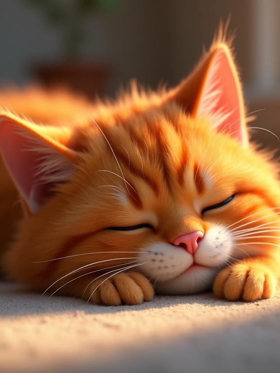 3D artistic representation of an orange cat waking up from a nap. Cat has pillow marks on fur. Eyes are sleepy and fur is ruffled. Soft ambient lighting provides a warm feel. The cat's face is detailed and centered in the image.