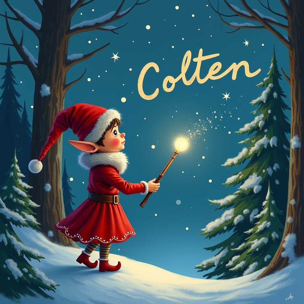 A traditional red elf on the shelf stands in a snowy forest, wearing a cute red dress and a matching hat. The elf is holding a magic wand that glows softly, illuminating the surroundings. In the night sky, the elf is creatively writing the name 'Colten' with magical sparkles. The backdrop features tall, snow-covered trees and a starry sky, enhancing the whimsical atmosphere. This enchanting image captures the spirit of Christmas and childhood wonder.