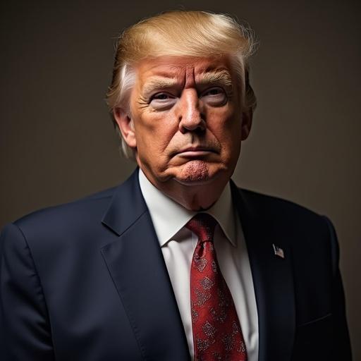 Trump in a bullfighter costume with a serious expression. Portrait style with dramatic lighting and intense shadows. Suit and tie with a bullfighting theme.