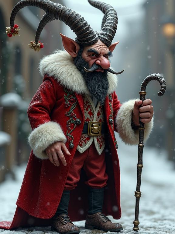 3D rendered caricature of a bearded Krampus wearing a fancy Christmas outfit from Victorian Era. Using a walking cane in snow. High detail.
