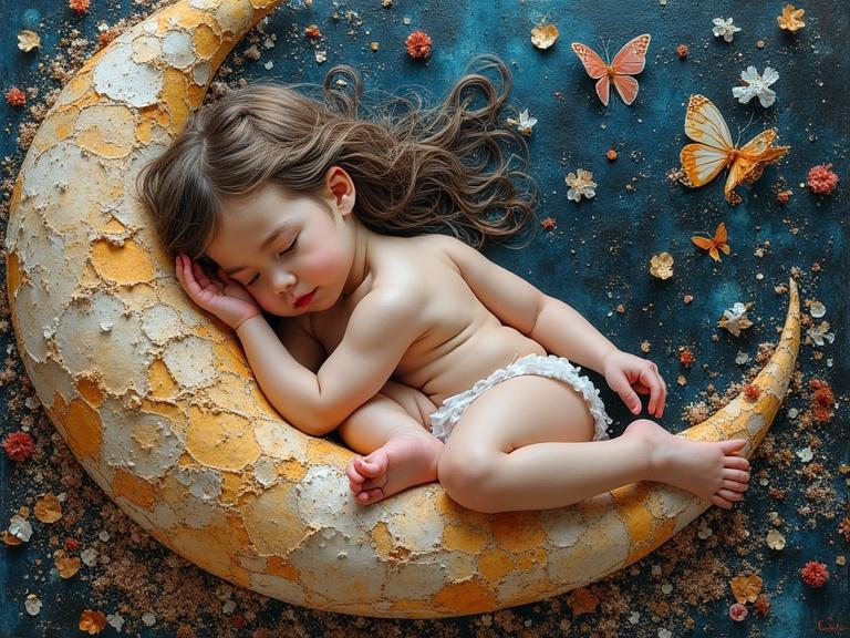 A sleeping child peacefully rests on a crescent moon. The moon is textured with mixed media materials and surrounded by delicate butterflies and flowers. Soft colors create a dreamy, whimsical atmosphere. The artwork focuses on layers and textures, evoking a sense of beauty and tranquility.