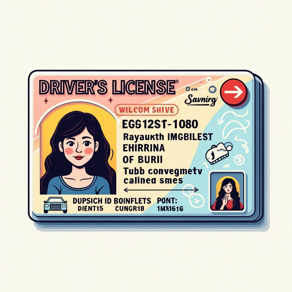 Create a driver's license design with unique elements. Include standard ID features and vibrant colors. No personal information should be recognizable.