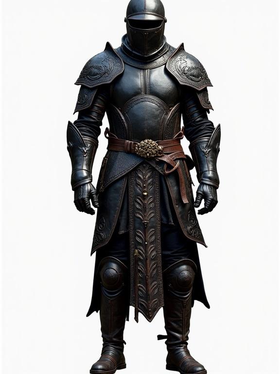 A full body armor without helmet crafted from dark cured leather. Rich black tone. Rugged matte finish with signs of battle wear. Multiple articulated panels. Reinforced segments for mobility and protection. Thick thread stitching. Embossed patterns of mythical creatures and floral motifs. Leather tasset skirt hanging from the belt. Vertical strips protecting upper thighs and hips. Thigh guards, knee protection and shin guards from hardened leather. Buckled straps fastened. Additional padding at knees with small round plates. Tall leather boots below the knees. Decorative stitching and minor metal studs. Transparent background.