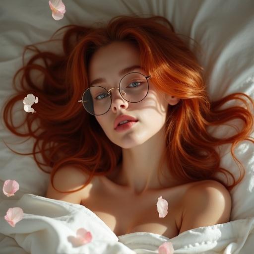 A girl with long wavy red hair lies in bed. She wears round glasses. Flower petals float around her. She has pale skin and evokes a sensual vibe.