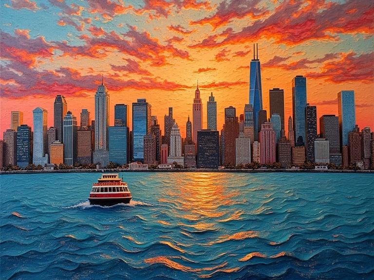Textile artwork featuring New York City skyline at sunset. Staten Island Ferry on water. Buildings made of layered fabric. Sky has warm gradients. Water in cool blue tones. Collage with various materials. Rich textures and colors. Evocative composition.