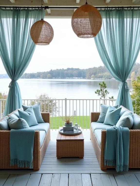 The image shows a tranquil outdoor patio decorated for relaxation. Wicker sofas have light blue cushions and pillows. Sheer curtains frame the space, letting light flow in. Two woven pendant lights hang above. A rustic wooden coffee table with decorative items is between the sofas. Soft throw blankets add comfort. The patio offers a view of a peaceful body of water surrounded by trees and a cloudy sky.