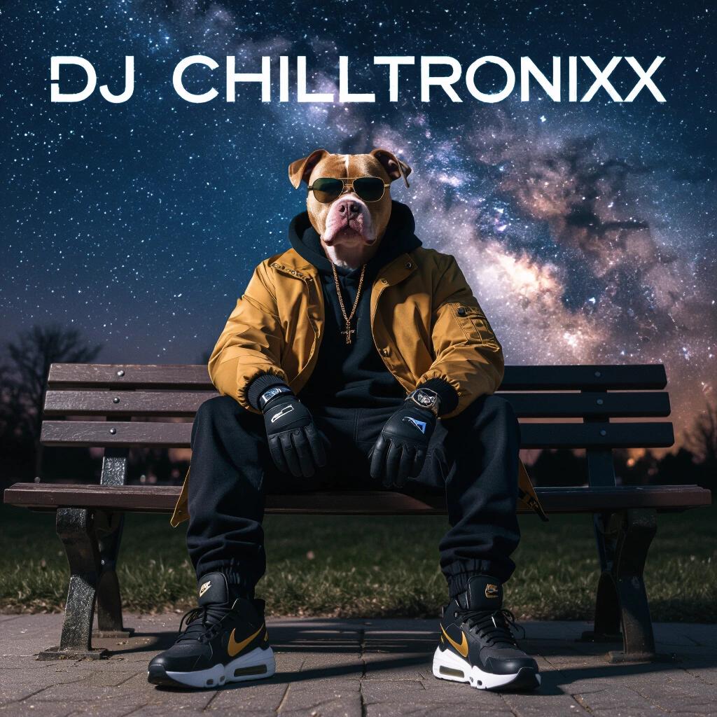 Raw photo featuring a stylish individual sitting casually on a park bench under a vast dark nebula sky. The individual wears gloves and black and gold Nike Air Max 2025 runners. The artistic album cover depicts futuristic text reading DJ Chilltronixx.