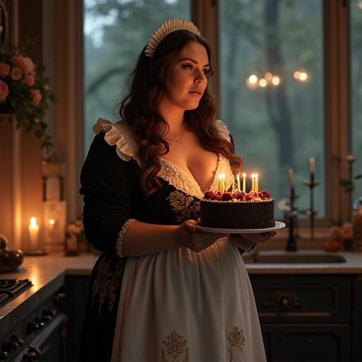 A beautiful 25-year-old curvy blonde woman with long wavy hair in a maid outfit. She wears a long black dress with a gold leaf pattern and a white apron. Her mouth is open as she holds a fancy black forest cake with candles. The setting is a kitchen in an old dark Victorian mansion, lit by candlelight, with a bright window showing a foggy forest and expensive decor around.