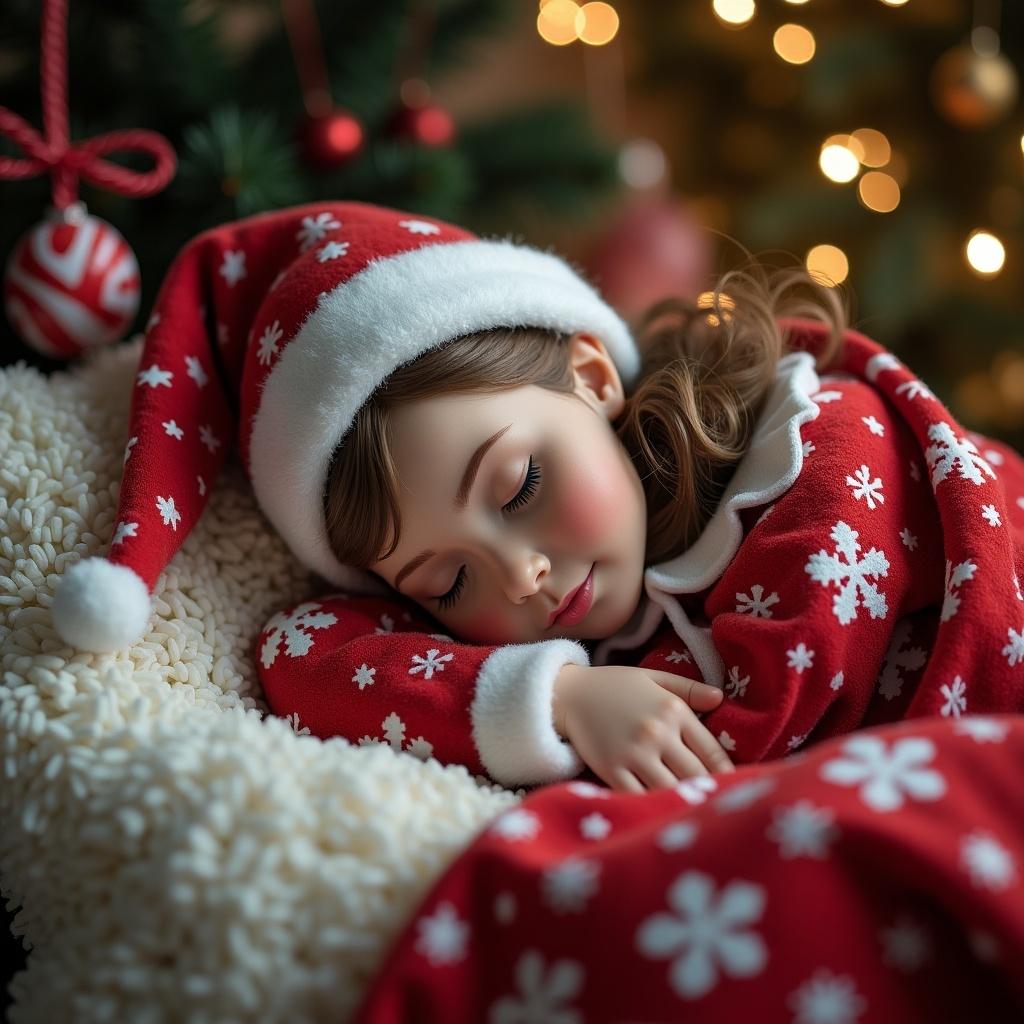 Girl elf on the shelf resting in a cozy setting during the Christmas season. She wears a festive outfit with snowflakes. The background features holiday decorations and warm lights.