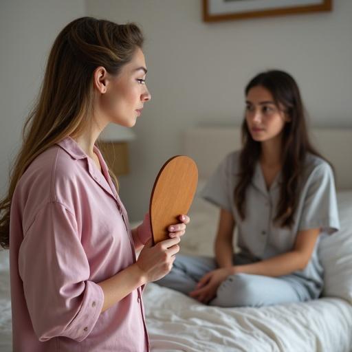 Strict woman in pajamas holding wooden paddle. Young woman looks shocked sitting on bed. They face each other during conversation in a room.