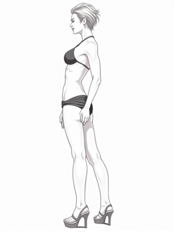 Vector illustration of a mature woman with short hair. She is wearing a bikini and a sarong, showcasing a toned and muscular body. The illustration is in black and white with outlines. The woman is standing in high heels, showcasing a confident side profile.