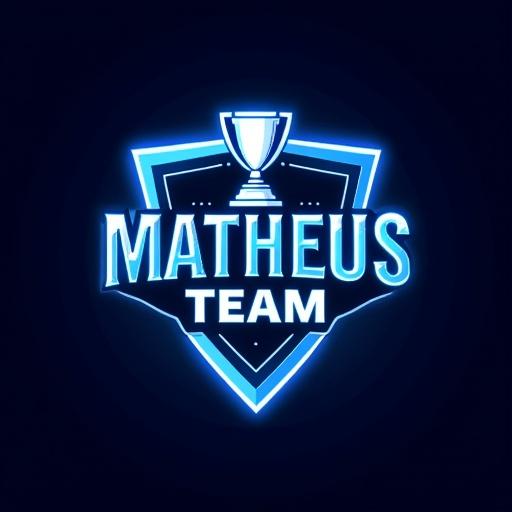 A modern eSports team logo with a bold glowing blue palette. Features a stylized shield with angular lines and a trophy at the top center. The name 'MATHEUS TEAM' is in large futuristic metallic letters with a slight 3D effect. The design combines dynamic symmetry and a neon cyber aesthetic. Suitable for gaming or youth sports branding.