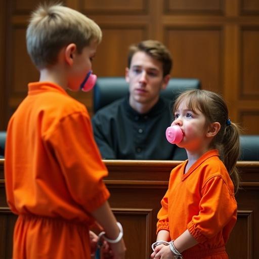 A young boy acts as a judge in a courtroom. His mother and sister wear orange jumpsuits with handcuffs. They are kneeling in front of him. The mother is crying. The boy has a pacifier and looks serious. The girl also has a pacifier and is crying. The courtroom has wooden features.