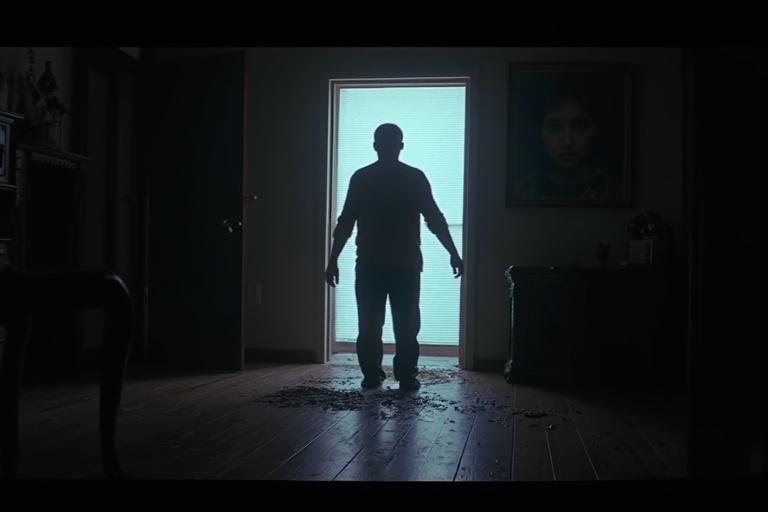 A still image depicting the silhouette of a person in a dimly lit room. The person stands in front of a doorway, with light spilling in. The floor is scattered with debris. The atmosphere is eerie and surreal, resembling retro horror aesthetics with glitch effects.