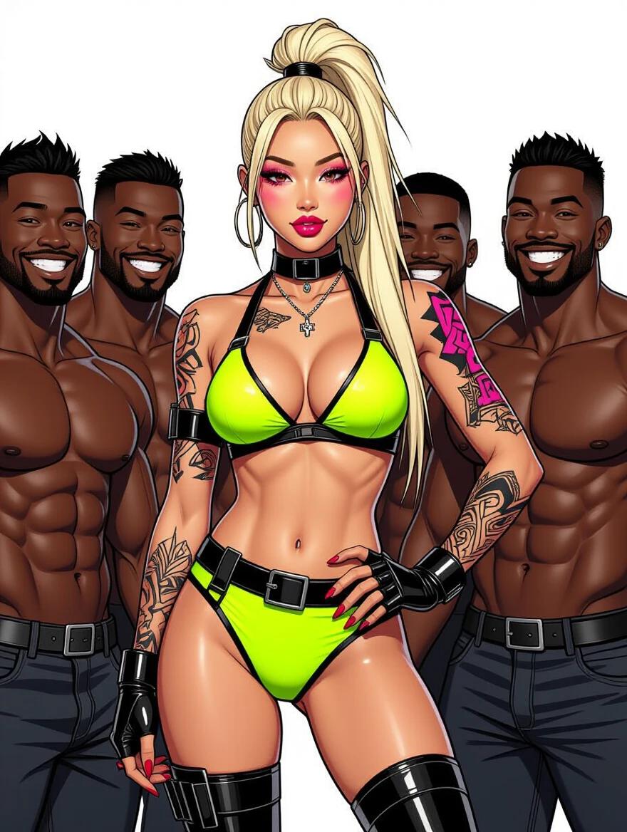 Stylish model in neon bikini standing confidently amidst muscular men. Bright colors and comic book art style. Edgy fashion with bold tattoos. High ponytail accentuates features. Daring pose with arms on waist. Group of strong men smiling nearby.