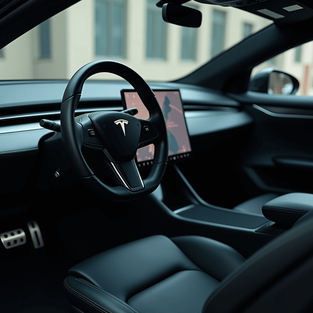 A sleek interior of a modern car featuring a minimalist design with a central touchscreen and a stylish steering wheel.