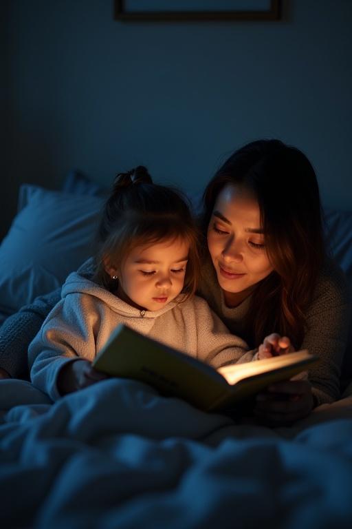 A mother and daughter share a special moment on a bed at night. They are reading a book together. Warm light from the book softly illuminates their faces in a cozy setting. The scene captures the joy of reading and bonding between mother and daughter.