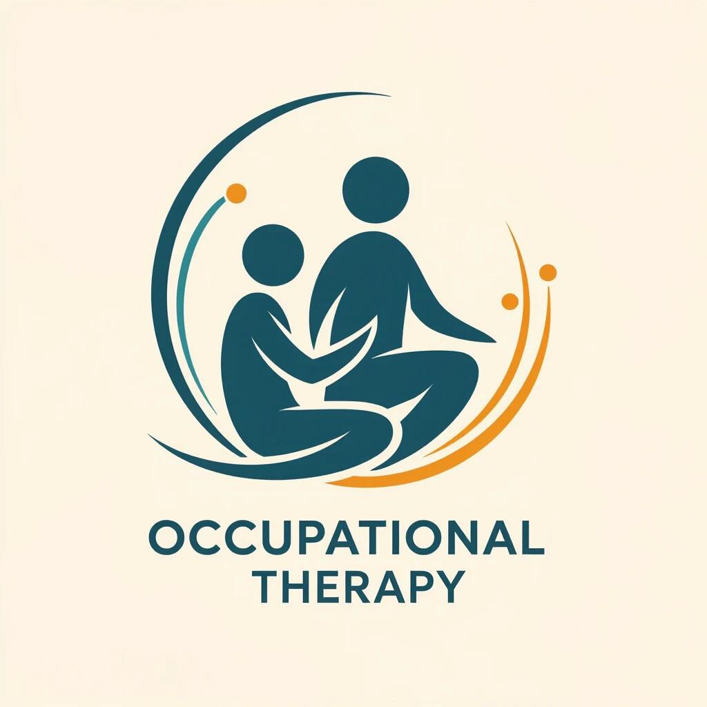 Logo depicts human figures transforming from sitting to standing. Flowing lines illustrate motion. Modern design represents occupational therapy and progress.