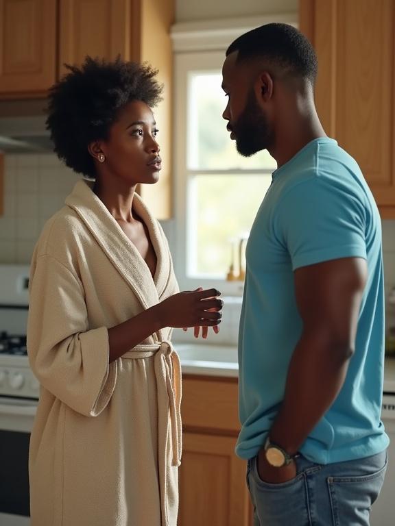 A woman in a morning robe and a man in a sky blue shirt stand in a kitchen. They engage in a serious conversation, coffee steam rises. The woman has short natural hair and the man has low-cut hair. Atmosphere is warm and inviting.