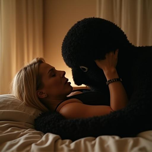 A medium close-up shot showcases a woman and a huge black puppet in a playful wrestling match on a bed. The woman wears a black sleeveless dress, has blonde shoulder-length hair, and appears to be in her 30s. She is positioned on top of the huge puppet, engaging in a light-hearted tussle. The dimly lit bedroom features beige walls with blinds in the background. The warm lighting highlights their closeness, and a dark-colored ring is on the woman's left hand, adding detail to the scene.