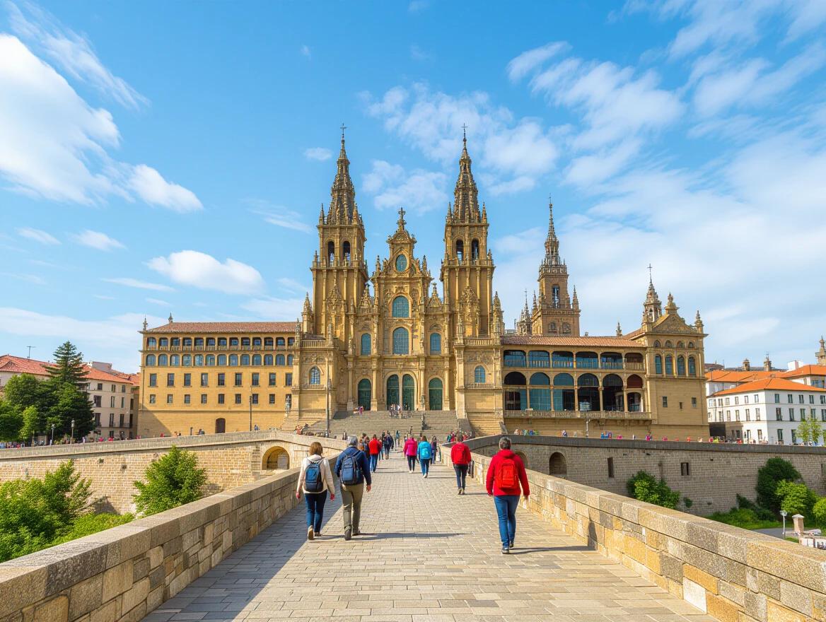 Alegory of the Camino de Santiago with paths and pilgrims. In the background, the Cathedral of Santiago de Compostela is visible.