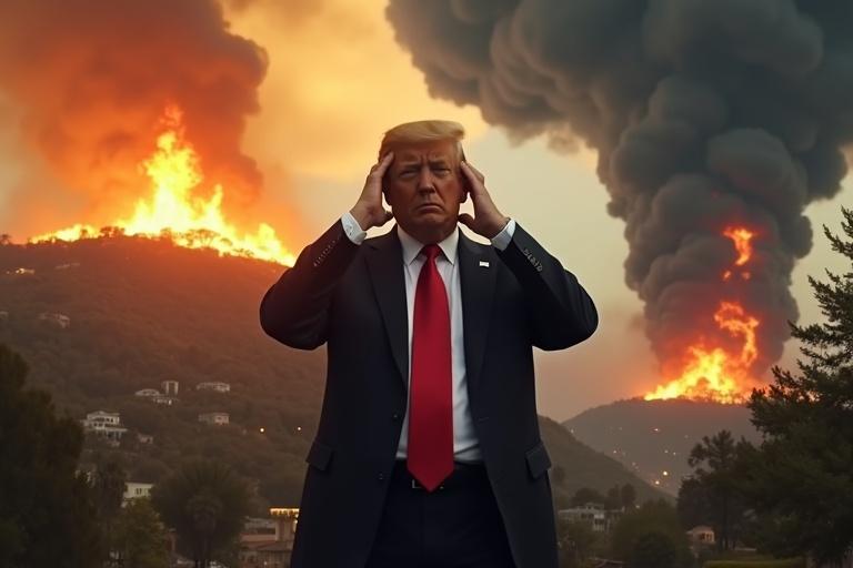 American president in a suit shows fear with hands on head. Background features Hollywood hills burning with fire. Tornado on the right causes destruction. Dark clouds loom overhead.