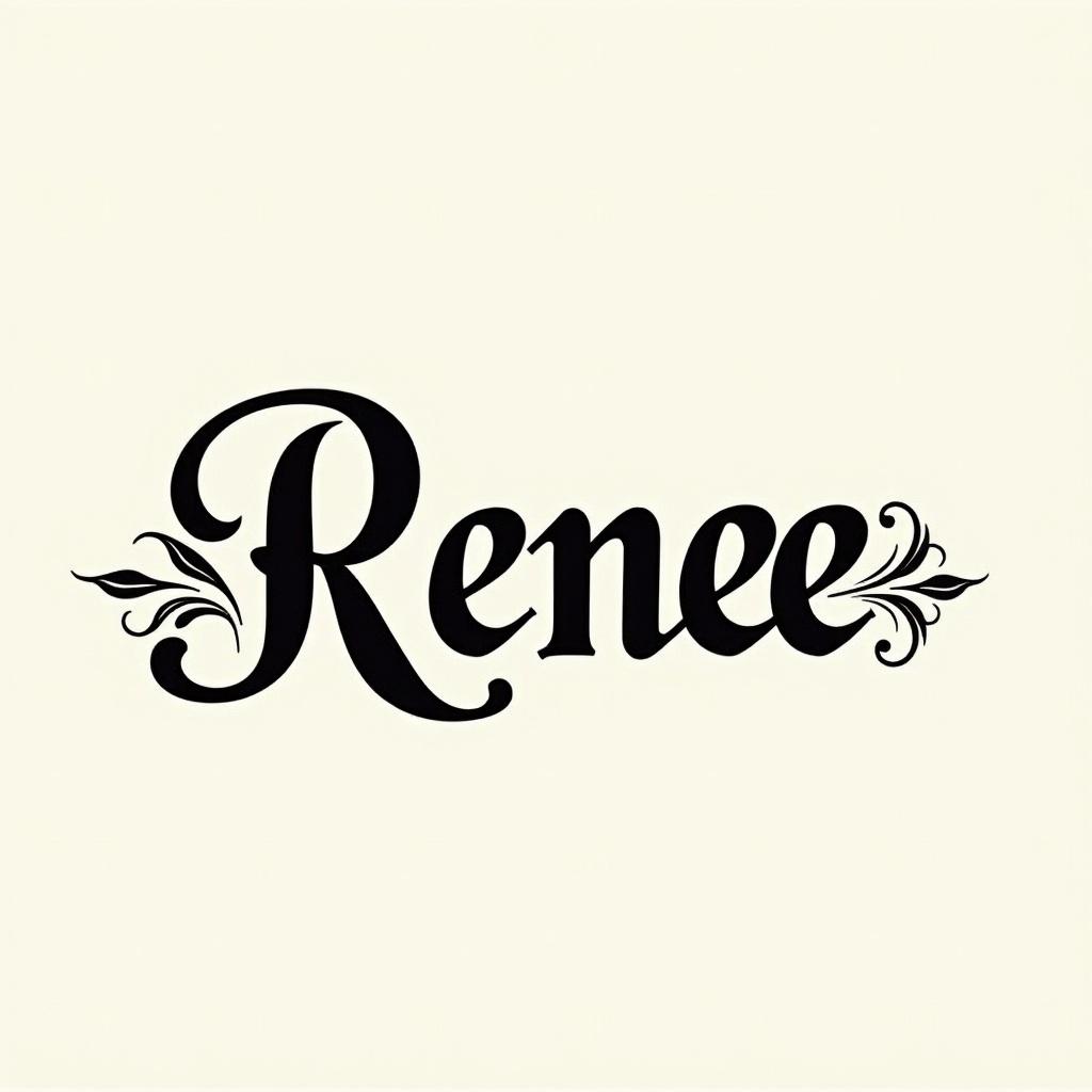 The word 'Renee' written in ornate calligraphy. Flourishes adorn the letters. Black text on a light background.