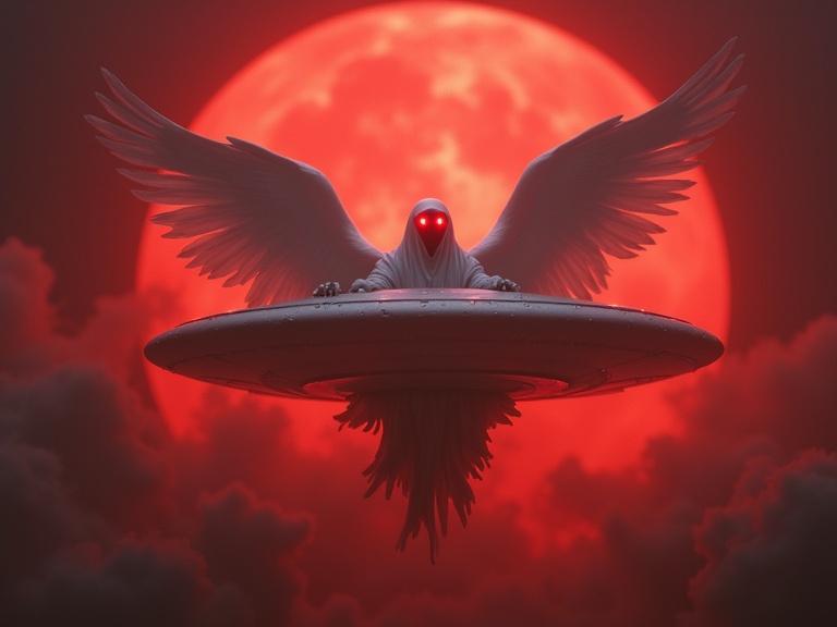 White evil angels with shiny red eyes emerging from saucer-shaped UFO in dark red hell.