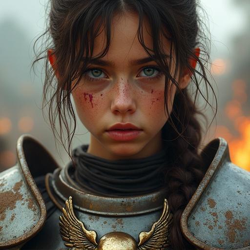 Close-up portrait of a young female warrior wearing metallic armor. She has brown messy hair and blue eyes. Facial scars and dirt smudges show determination. Armor has a bronze skull emblem. Background features a blurred battlefield with fire and smoke. Emphasis on her intense facial expression and realistic textures.