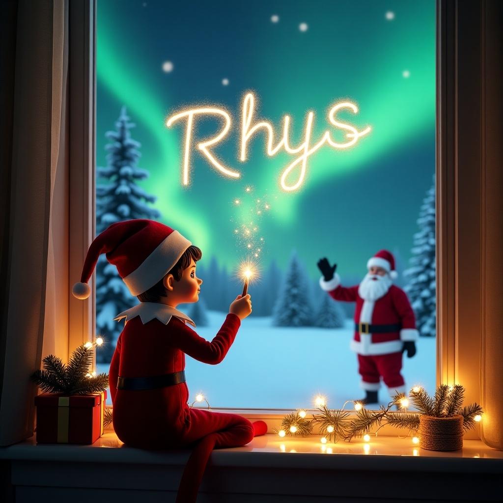 Elf on the shelf facing a window holds a glowing wand. Writes 'Rhys' in sparkling letters. Outside, Santa Claus in a snowy setting. Northern lights illuminate the scene. Festive decorations on window sill. Magic of Christmas portrayed.