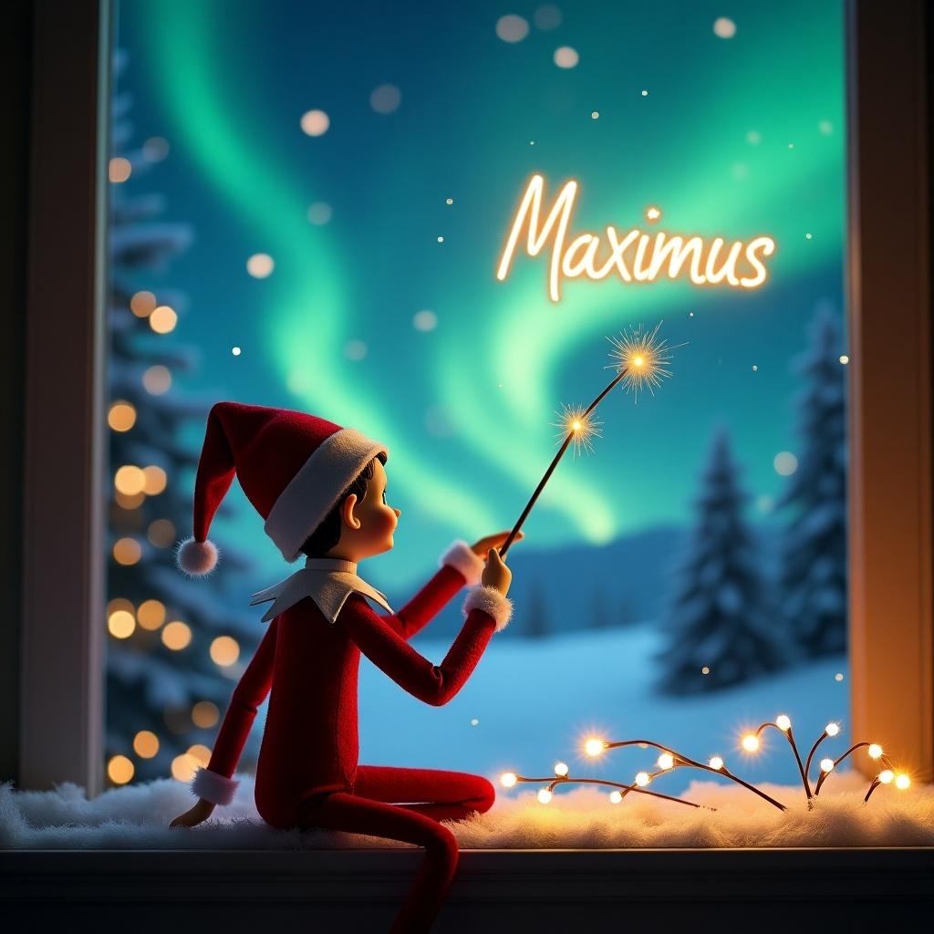 An elf on the shelf is sitting by the window, gazing out at a magical Christmas scene. The elf has his back turned, dressed in a festive red outfit with a pointy hat. He holds a magic wand and is writing the names 'Maximus,' 'Ava,' and 'Noah' elegantly in the night sky. Outside the window, the northern lights dance in vibrant colors, while fluffy snow blankets the ground. Decorated Christmas trees can be seen in the background. The warm light from the interior melds seamlessly with the beautiful landscape outside, creating a cozy holiday atmosphere.