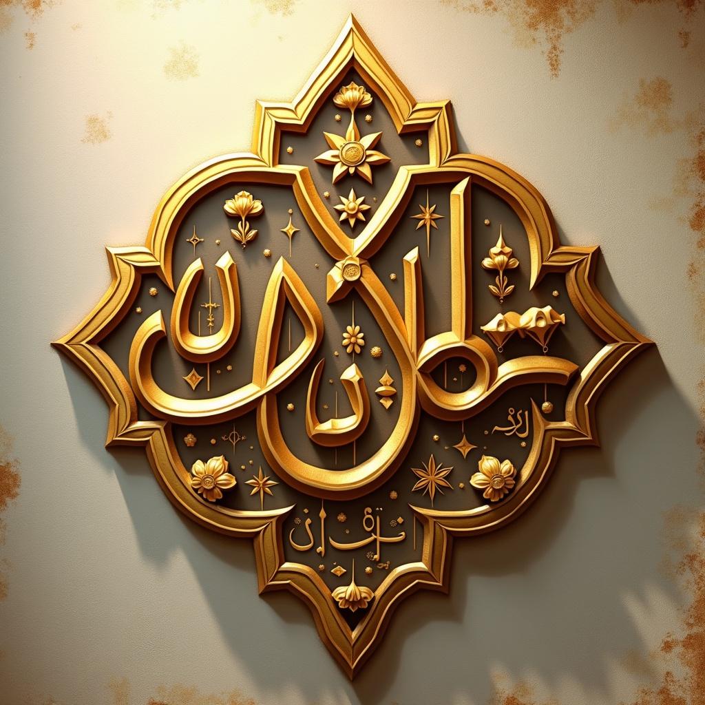 This image features ornate Arabic calligraphy with the word التقدم إلى' أسلوب الحياة القرآني'. It is designed in the shape of a symmetric tulip, showcasing intricate details and depth. The golden color against a textured background enhances its beauty. Decorative elements, such as stars and floral motifs, adorn the letters. Soft lighting creates a serene and uplifting atmosphere, highlighting the artwork's elegance. This piece exemplifies the artistic beauty of Arabic script, making it ideal for cultural and decorative uses.