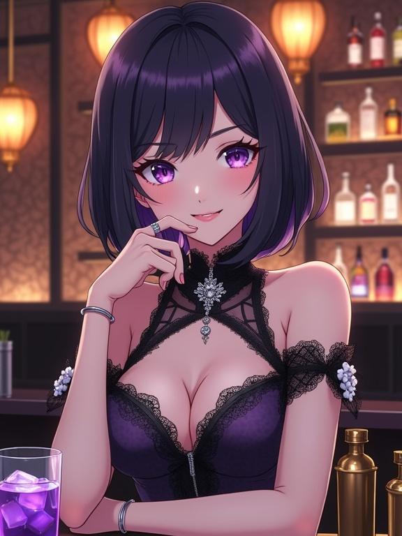 Japanese anime illustration of a beautiful woman in her 30s with graceful expression and fair skin. She has large purple eyes and shiny dark violet bob haircut with a silver ornament. She smiles subtly with a hand on her chin, adorned with a ring and bracelet. Wearing a stylish dress with Asian design, deep V-neckline, black lace detailing, and off-the-shoulder sleeves with white floral accents. Positioned front-facing at a bar with a purple drink and gold bottles. Background shows a luxurious, dimly lit bar interior with warm glow and shelves of liquor.