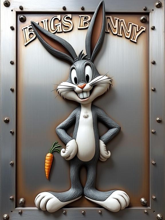 Detailed high-relief engraving on polished steel plate depicts Bugs Bunny in confident pose holding carrot. Focus on etched fur textures and contour lines emphasizing depth. Name Bugs Bunny engraved above in bold letters. Artwork framed by steel border with rivets against smooth background.