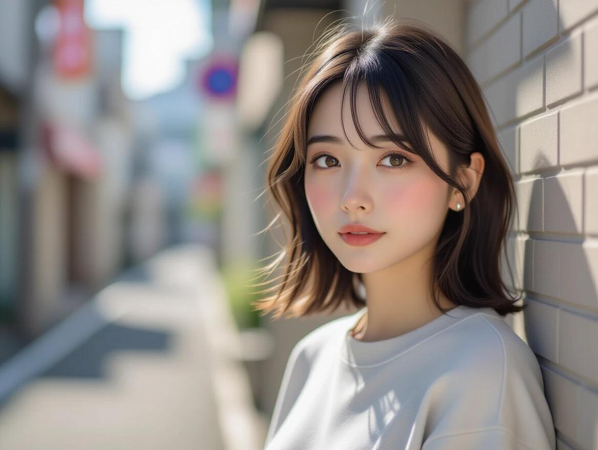 Realistic anime-style portrait of a young woman wearing casual modern clothes. Background showcases a blurred urban Tokyo street. Focus on natural lighting, clean background, and expressive features. Soft textures and contemporary styling highlight youth and fashion. High-quality photography with DSLR camera settings for a polished look.