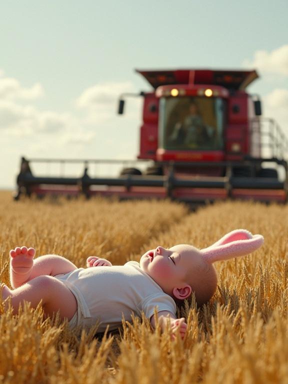 A baby lies on the ground in a golden wheat field in a white onesie. Tall stalks of wheat surround the baby. A large pink and white rabbit tries to lift the baby with its paws. A huge red combine harvester is in the background moving slowly toward them. The rabbit looks protective as it focuses on the baby. Bright sunlight highlights the scene with long shadows.