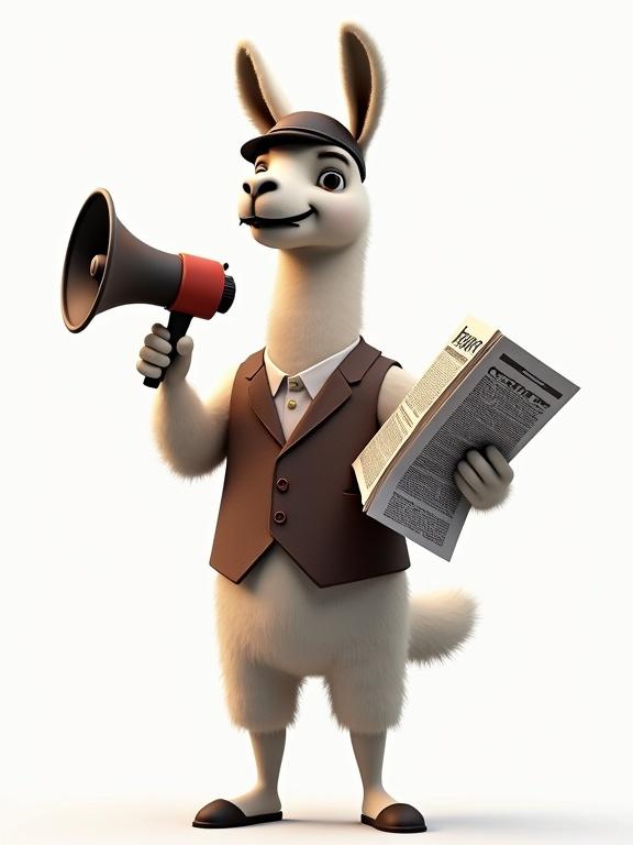 An anthropomorphic llama dressed in a classic vest and newsboy cap. Holding a large megaphone in one hand and a stack of catchy newspapers in the other. Energetic expression shows excitement. Photorealistic 3D render with soft shadows and good contrast on a transparent background.