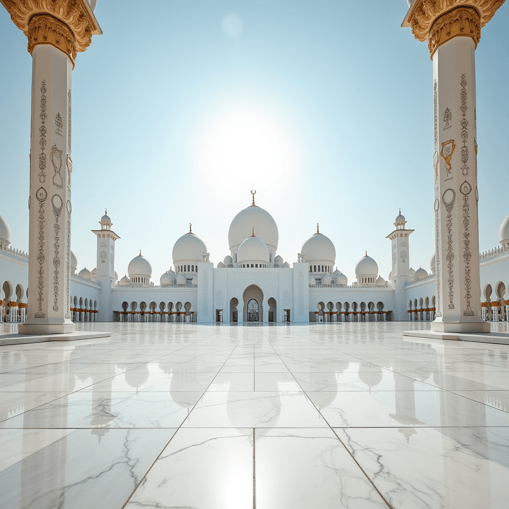 A stunning view of a grand, white marble mosque with intricate pillars and domes under a clear blue sky.