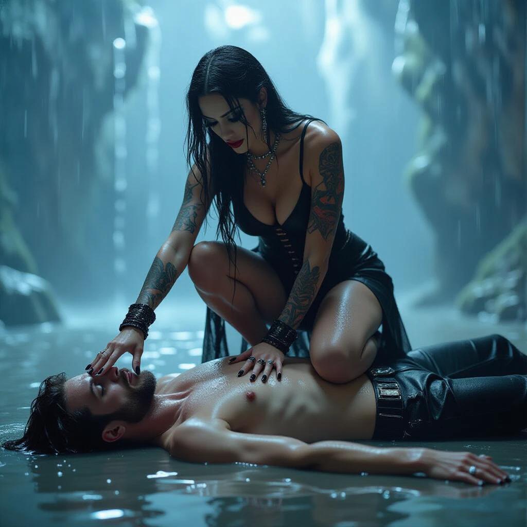 A barefoot woman in gothic attire stands en pointe on a man's belly. The scene is wet and reflective. Rain falls softly. The woman has tattoos and strong makeup. Black nail polish contrasts the atmosphere.