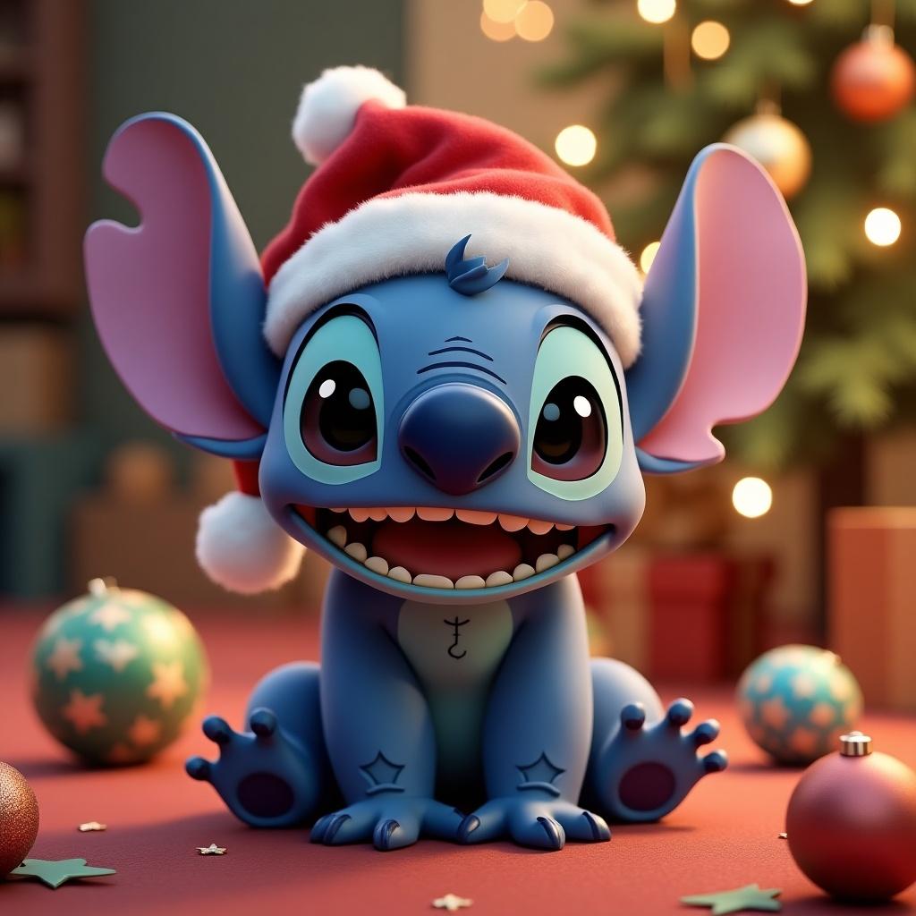 A cartoon character named Stitch in a Santa hat surrounded by Christmas ornaments. Stitch is smiling with a festive background resembling Christmas decorations.