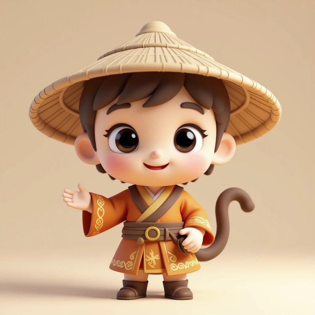 3D cartoon character representing a young male in ancient setting. He has soft golden short hair and a cheerful monkey-like face. The character stands with a welcoming gesture.