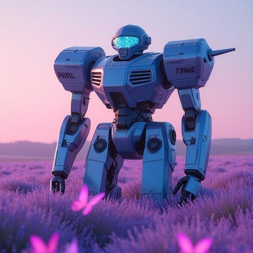 A giant mecha kneels in lavender fields. Neon light illuminates the surroundings. Holographic butterflies float around the mecha. The visor reflects the flowers. A serene yet futuristic atmosphere